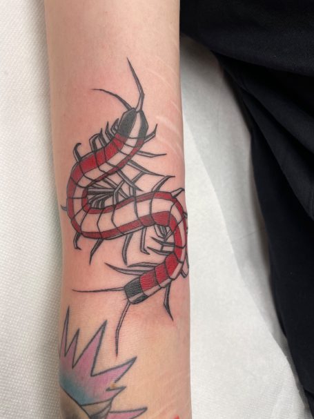 Tattoo eines roten Schrimps, umgeben von schwarzen Linien auf einem Arm.